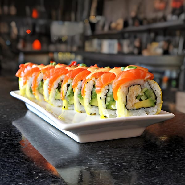 Ahi Sushi & Grill's salmon sushi roll with avocado and cucumber, drizzled with sauce.